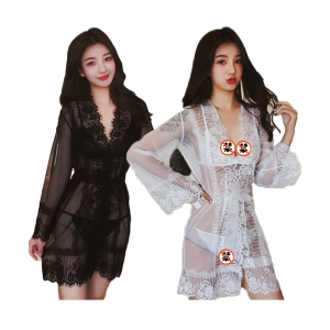 女式情趣睡衣套装全透明蕾丝睡袍文胸吊带免脱开档丁字内裤透视露毛三点式欧美女士情趣内衣性感V字睡裙子长夜漫漫成人女性用品