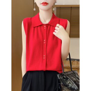 Polo领无袖背心内搭气质打底衫纯色翻领薄款开衫针织马甲