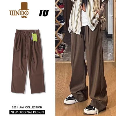 YANXU美式复古棕咖色裤子高街潮ins垂感冰丝阔腿裤男款拖地西裤休闲裤