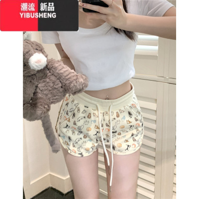 YIBUSHENG卡通小猫印花阔腿休闲裤女季新款松紧腰百搭短款显瘦垂感短裤子
