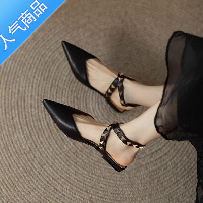 SUNTEK法式软皮尖头外穿半拖鞋2023夏季新款百搭包头柳钉仙女风平底凉鞋