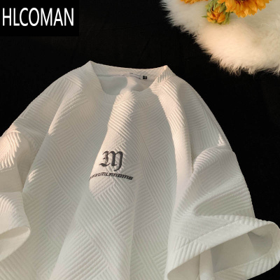 HLCOMAN针织华夫格短袖t恤男夏季宽松绣花半袖体恤潮牌圆领美式上衣