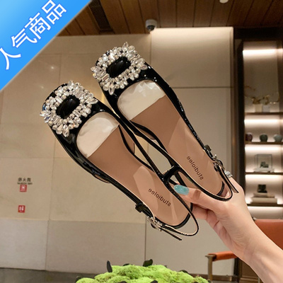 SUNTEK包头凉鞋女夏2023新款粗跟平底气质方扣闪水钻法式复古玛丽珍单鞋