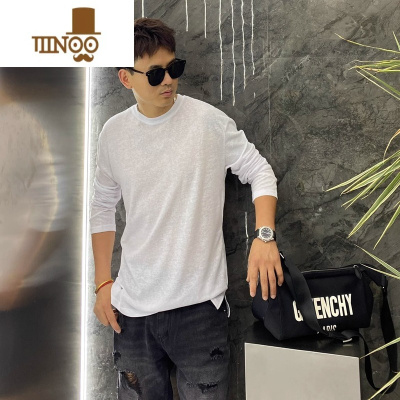 YANXU黑色圆领长袖T恤男薄款修身卫衣韩版潮流内搭打底衫秋衣外穿