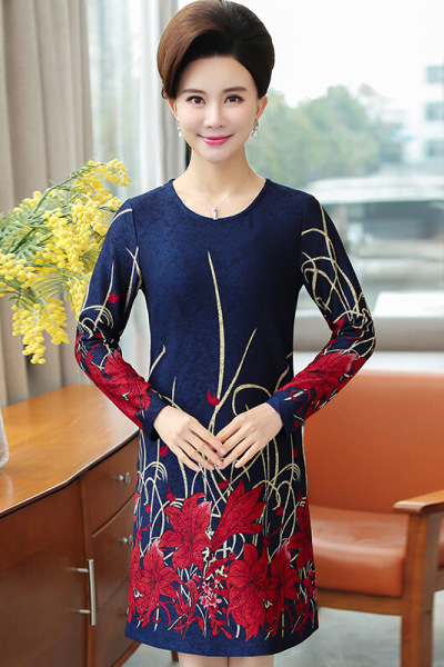 迪鲁奥(DILUAO)同款[品质保障]妈妈春秋装连衣裙中年女士长款打底衫40岁大码上衣新款套头袖