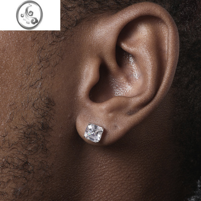 JiMiS925银银方钻耳钉男女简约百搭超闪锆石镀白金 hiphop 耳饰