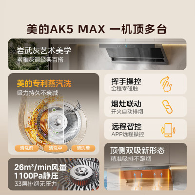 [高温蒸汽洗]美的(Midea)油烟机AK5MAX顶侧一体跨界双腔 烟灶联动26m³大吸力1100Pa变频 超薄抽油烟机