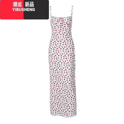 YIBUSHENG欧美ins风蕾丝拼接系绳碎花吊带连衣裙女季高腰修身过膝长裙子