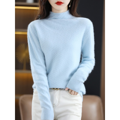 秋冬女款半高领貂绒毛衣纯色大码羊毛衫套头纯色百搭修身打底