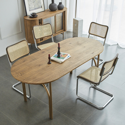 汐岩中古北欧复古实木餐桌现代简约轻奢小户型椭圆桌子家用餐桌椅组合