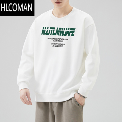 HLCOMAN新款加厚加绒t恤男生长袖圆领秋装男士高级感印花休闲卫衣