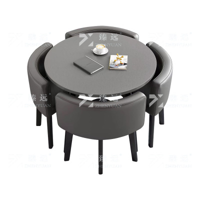 臻远 ZY4100926 简约接待桌椅洽谈桌椅 一桌四椅 灰色圆桌灰色皮椅