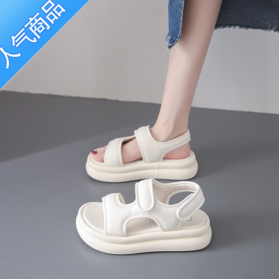 SUNTEK踩屎感凉鞋女款夏季2023新款厚底增高罗马鞋网红超火魔术贴沙滩鞋