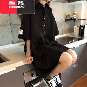 YIBUSHENG胖mm大码衬衫领短袖T恤女2-300斤黑色过膝中长款法式POLO连衣裙