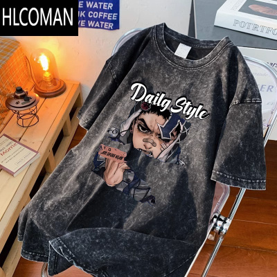 HLCOMAN2025夏季美式短袖男t恤水洗做旧大码ins潮流高街半袖上衣