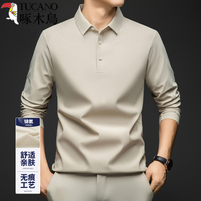 啄木鸟锦氨无痕翻领polo衫秋季男士中年纯色长袖T恤休闲透气体恤