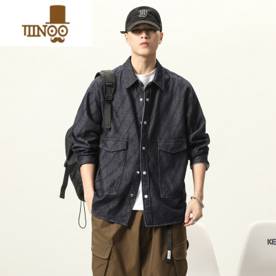 YANXU丹宁斜提花蓝色复古潮牌牛仔衬衫外套男秋季美式休闲宽松工装夹克