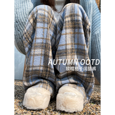 蓝色毛呢格子裤女春秋季新款宽松慵懒休闲薄款直筒显瘦阔腿裤