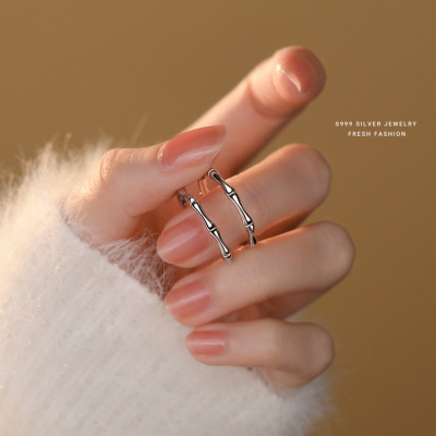 s999纯银竹节情侣戒指简约小众开口对戒创意青梅竹马足银指环代发送女朋友老婆情人节七夕生日礼物