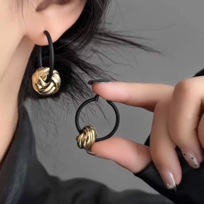 复古撞色小金球简约气质小众黑色圈圈耳环百搭通勤耳圈设计感耳饰送女朋友老婆情人节七夕生日礼物