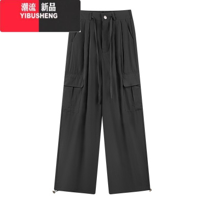 YIBUSHENG美式复古工装裤休闲裤女季薄款裤子高腰直筒阔腿裤显瘦拖地长裤