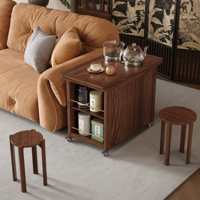 青木川 全实木多功能沙发边几客厅阳台家用小户型带轮子可移动茶桌泡茶台可折叠多功能侧边柜沙发边柜角柜长方形