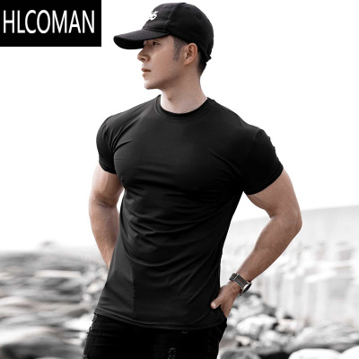 HLCOMAN运动弹力短袖男T恤夏季纯色冰感收袖口肌肉圆领速干透气健身衣服