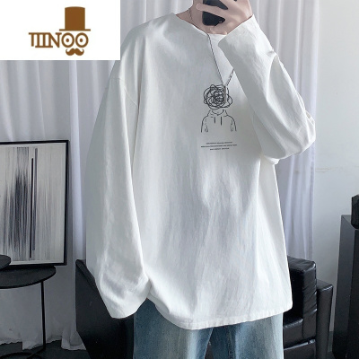 YANXU美式复古t恤长袖男秋季简约内搭上衣潮牌宽松白色打底衫