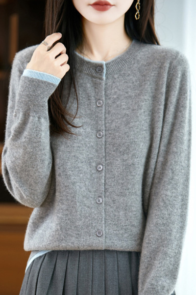 撞色圆领全羊毛针织开衫女装系扣长袖外套宽松显瘦新款气质开衫