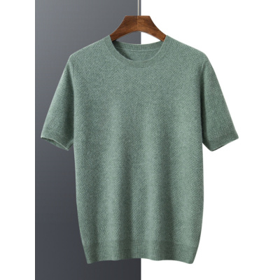 蜂窝提花羊绒短袖男圆领套头山羊绒毛衣T恤加厚半袖羊毛针织衫