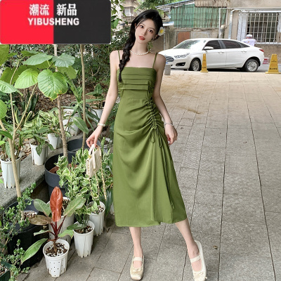 YIBUSHENG大码吊带连衣裙女季收腰显瘦茶歇长裙微胖MM皱褶设计感抽绳裙子