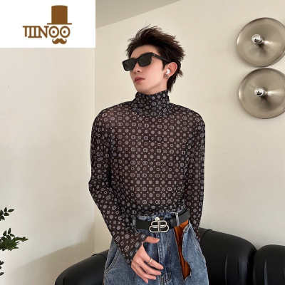 YANXU美式复古网纱t恤男 小众感男生高领内搭高街痞帅潮流打底衫