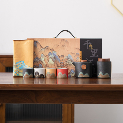 苏氏陶瓷(SUSHI CERAMICS)手绘釉画彩千里江山四色杯云舒壶套装禅黑文创伴手礼套组