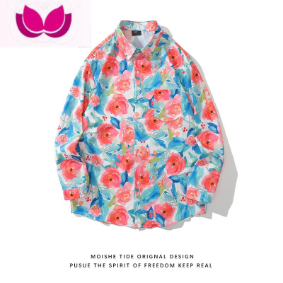 七斓MOISHE TIDE日系复古花卉满印长袖衬衫男女宽松百搭休闲情侣衬衣