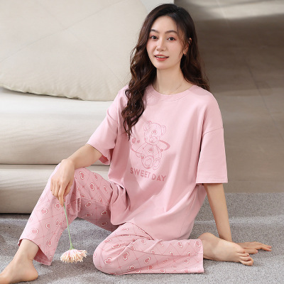 睡衣女士夏季棉质短袖长裤可爱卡通休闲宽松少女可外穿家居服套装