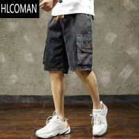HLCOMAN复古水洗牛仔短裤男夏季潮牌嘻哈宽松五分裤多口袋松紧腰工装中裤