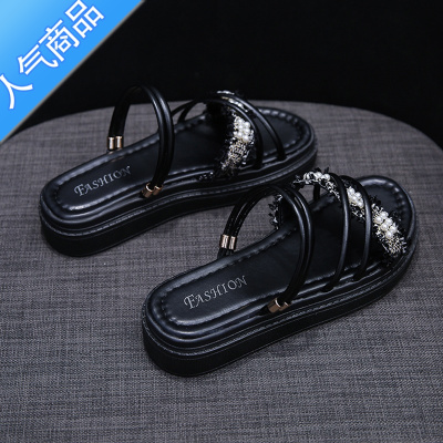 SUNTEK仙女风两穿凉鞋女夏季平底2023新款百搭厚底外穿凉拖鞋罗马一字拖