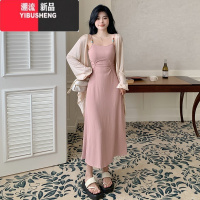 YIBUSHENG大码女装纯欲风粉色吊带裙配开衫2023新款胖mm收腰连衣裙女两件套