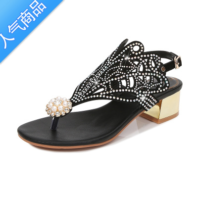 SUNTEK水钻罗马凉鞋女2023年夏季新款波西米亚民族风夹趾带钻粗跟沙滩鞋