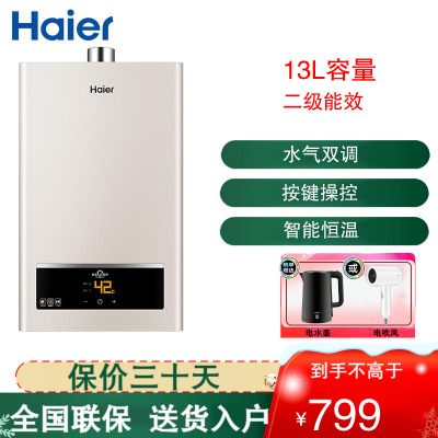 海尔(Haier)13升燃气热水器天然气 水气双调 变频恒温 ECO节能 全时段安防 JSQ25-13UTS(12T)