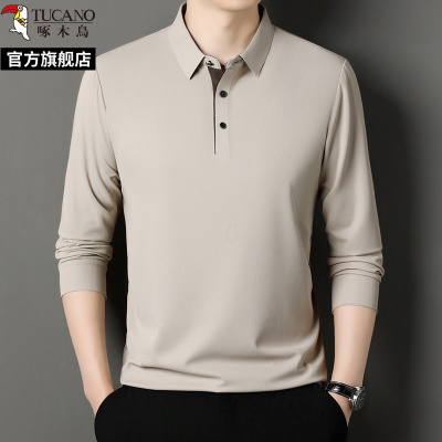 啄木鸟2025春秋季新款商务休闲长袖翻领polo衫男中年爸爸上衣