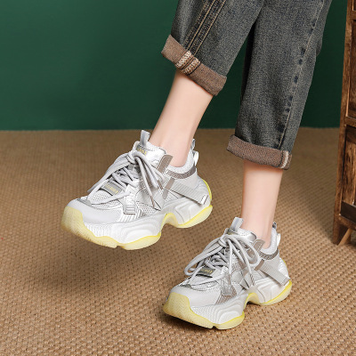 真皮厚底老爹鞋女2025春季新款舒适轻便显脚小百搭时尚休闲运动鞋