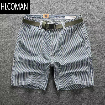 HLCOMAN美式条纹牛仔短裤男潮牌宽松直筒五分马裤男士夏天薄款休闲中裤子