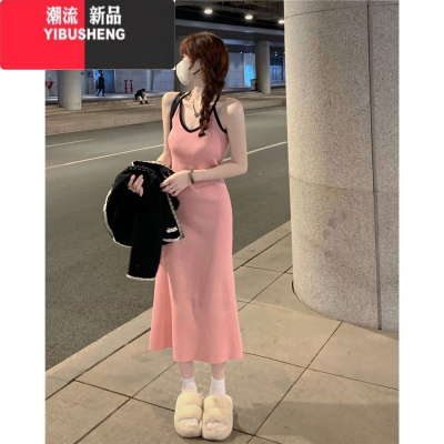 YIBUSHENG纯欲风吊带连衣裙女季2024新款撞色露背设计感修身显瘦包臀裙子