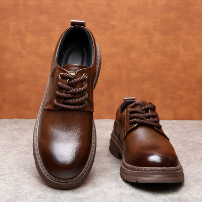 商务休闲皮鞋男2025春季新款英伦风厚底透气潮流百搭真皮软面男鞋