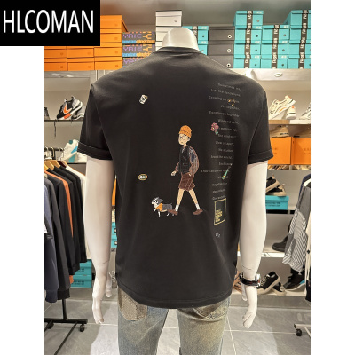 HLCOMAN高端韩版时尚刺绣T恤男2025夏季新款圆领棉质短袖半袖ins小衫潮