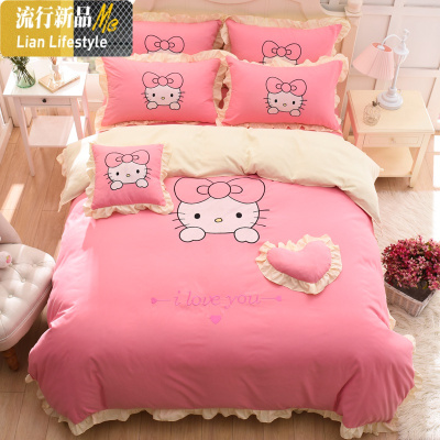 韩版卡通棉四件套女孩棉公主风少女可爱花边被套1.8m床上用品 三维工匠