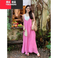 YIBUSHENG三亚旅行穿搭粉色多巴胺法式无袖吊带长裙海边度假休闲拖地连衣裙