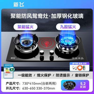 新飞燃气灶家用双灶猛火分体炉头灶具定时台嵌入式天然气液化煤气_标配款鸳鸯九腔猛火聚能炉架防烫提示钢化玻璃_液化气