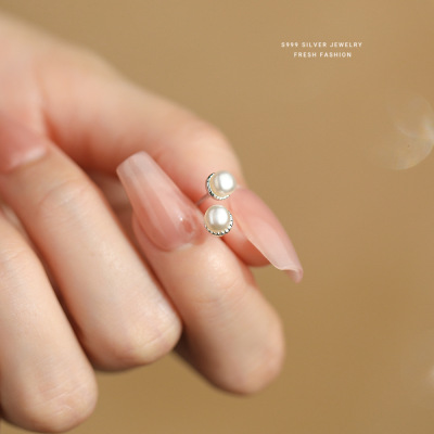 s999纯银天然淡水珍珠耳钉女简约镶贝珠耳饰时尚气质耳环养耳洞送女朋友老婆情人节七夕生日礼物